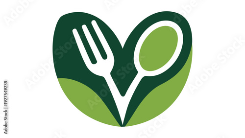 Green leaf-shaped icon with fork and spoon symbolizing healthy eating and nutrition