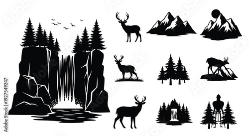 Collection of forest elements with deer mountains and waterfalls silhouette