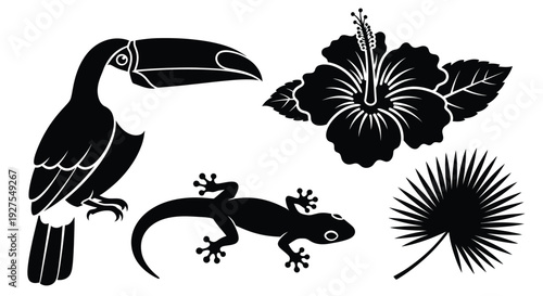Tropical scene featuring a toucan lizard hibiscus and palm leaves silhouette