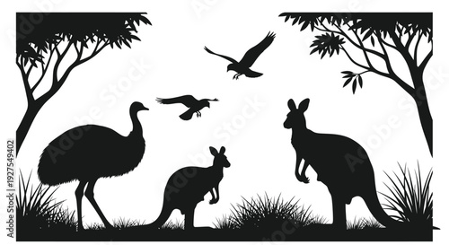 Australian wildlife scene featuring kangaroos emus and birds in silhouette