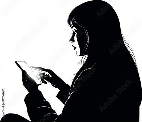 Silhouette Woman Using Smartphone Glowing Screen Bright Light