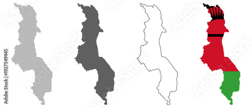 Malawi country map vector set with dotted pattern solid silhouette outline and national flag illustration