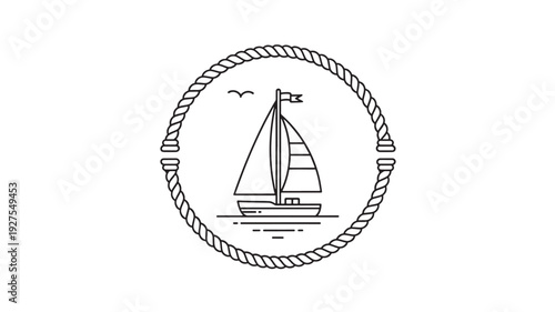A black and white line drawing of a sailboat within a rope circle, with seagulls flying overhead, conveying a sense of freedom and adventure on calm waters.