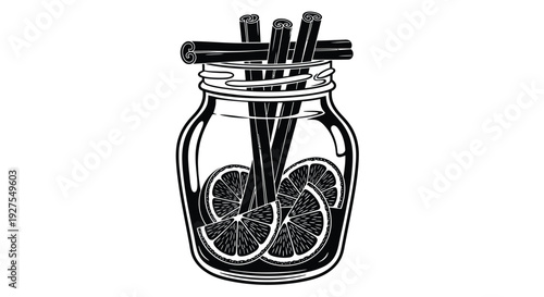 Cinnamon sticks and citrus slices arranged in a mason jar silhouette