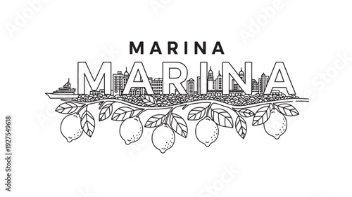A black and white illustration of a marina logo featuring a city skyline and a branch of citrus fruits, perfect for use in travel, tourism, or food-related marketing materials.