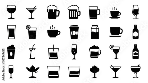 Vector Icon Sheet of Various Drinks and Beverages Illustrated in Black Silhouettes