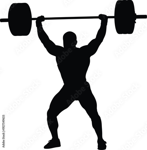 Weightlifter in motion lifting a heavy barbell overhead with strength and power