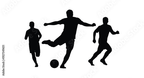 Three soccer players in action kicking a ball with dynamic poses silhouette
