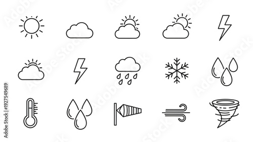 Vector Icon Sheet Depicting Various Weather Conditions and Natural Disasters from a Straight-On Viewpoint