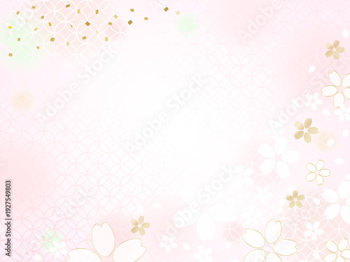 ピンクの桜の花びらの背景、和柄のフレーム	
