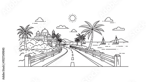 A serene Italian coastal road lined with palm trees, overlooking sailboats on the calm sea, with a beautiful building in the background, under a sunny sky with fluffy clouds.