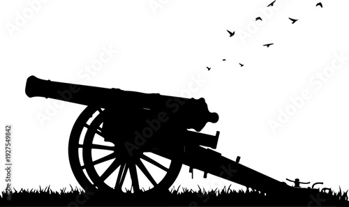 silhouette of an old cannon, cannon, gun, old, war, silhouette, weapon, isolated, artillery, wheel, vintage, military, vector, transportation, transport, army, history, metal, 
