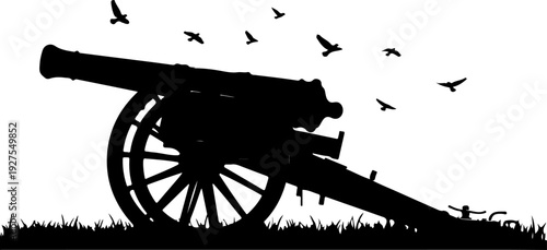silhouette of an old cannon, cannon, gun, old, war, silhouette, weapon, isolated, artillery, wheel, vintage, military, vector, transportation, transport, army, history, metal, 