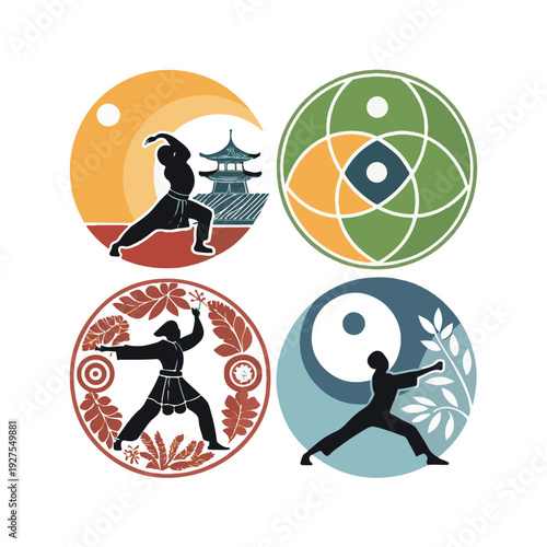 Four circular emblems depicting martial arts figures and cultural symbols vector.