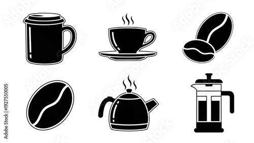 Vector Icon Sheet Featuring Coffee, Cup, Beans, Kettle, and Brewer in Simple Black and White Style
