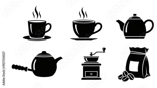 Vector Icon Sheet of Coffee Cups, Teapots, and Coffee Makers in a Modern Flat Design