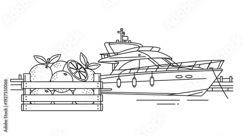 A sleek yacht is docked beside a rustic wooden crate filled with fresh citrus fruits, creating a striking contrast between luxury and simplicity.