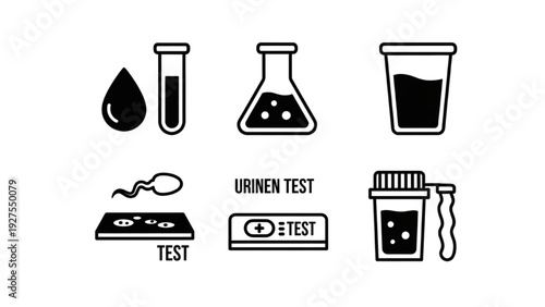 Medical Laboratory Icon Sheet Featuring Urine Test Vector Illustrations of Various Scientific Equipment and Procedures