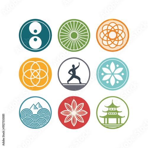 Nine circular icons featuring yin yang flower martial arts pagoda waves circle symbol.