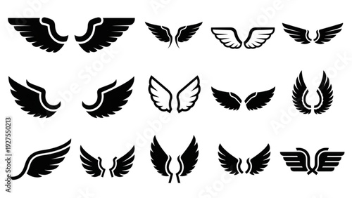 Vector Icon Sheet Featuring Various Wing Designs and Symbols in Different Styles