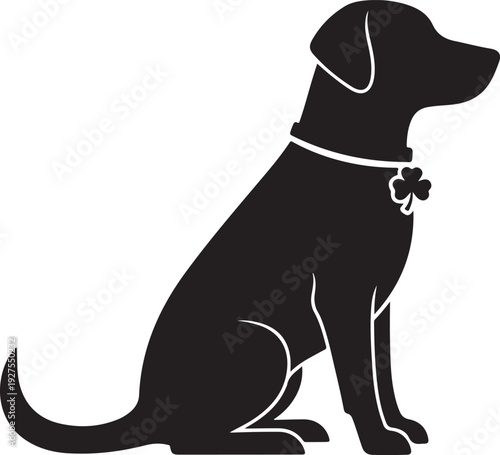 Black silhouette of a sitting dog wearing a collar with a shamrock charm, representing lucky pets and St. Patrick's Day. , Generative Ai