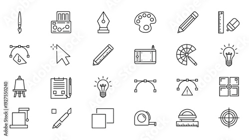 Collection of Vector Icon Sheet Featuring Design, Art, Tools, Creativity, and Inspiration Elements for Creative Projects