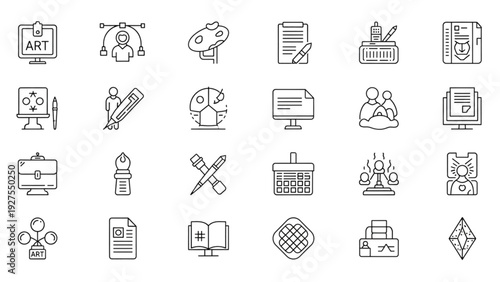 Vector Icon Sheet Featuring Artistic Tools and Creative Elements in a Modern Workspace Environment from a Direct Viewpoint