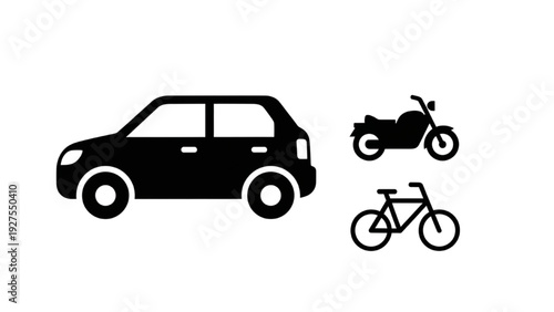 Vector Icon Sheet Featuring Car, Motorcycle, and Bicycle Silhouettes on a Simple Background