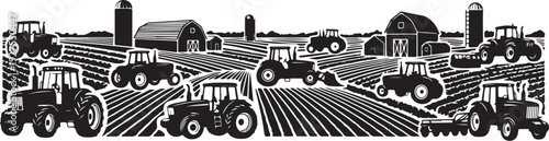 Tractors and farming equipment in a field illustration