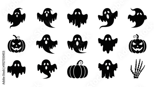 A collection of Halloween-themed black vector icons in a sheet, featuring ghosts, pumpkins, and bats from a straightforward viewpoint.
