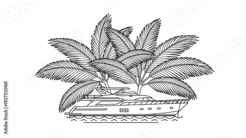 A serene docked yacht surrounded by lush palm trees, evoking a sense of luxury and relaxation in a tropical paradise, perfect for travel and leisure concepts.