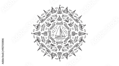 A circular bold vector illustration featuring a collection of sailboats and ships in black lines on a white background, creating a visually striking and harmonious design.