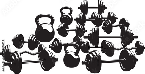 Black and white illustration of various gym weights equipment