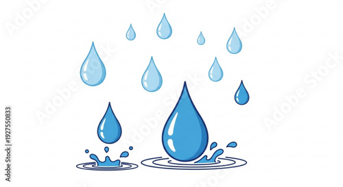 Large and small blue water droplets falling and splashing on surface with ripples