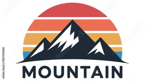 Colorful sunset silhouette of mountains with mountain text logo