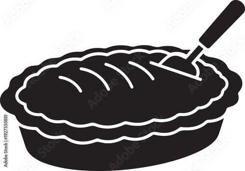 Hearty Homemade Pie or Casserole in an Oval Baking Dish with a Serving Spoon, Depicted as a Bold Black Silhouette with White Outline Vector Illustration , Generative Ai