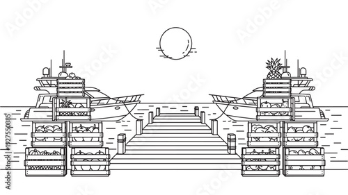 A serene marina scene at sunset featuring a dock with stairs leading into the calm ocean water, a luxury yacht, and a peaceful atmosphere with a sun silhouette.