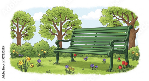 Green wooden park bench surrounded by vibrant flowers and trees in a serene outdoor setting with a blue sky
