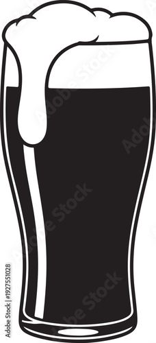 Black and white vector illustration of a glass of dark beer with foamy head, isolated on white background. , Generative Ai