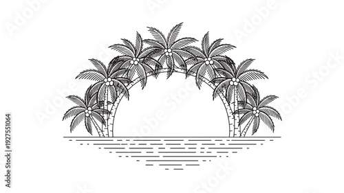 A serene black and white illustration of palm trees forming a natural arch over calm waters, evoking a sense of tropical paradise and tranquility.