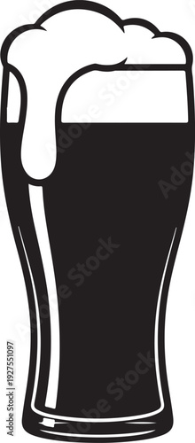 Monochromatic vector graphic of a pint glass filled with dark beer and overflowing foam, perfect for bar menus or pub branding. , Generative Ai