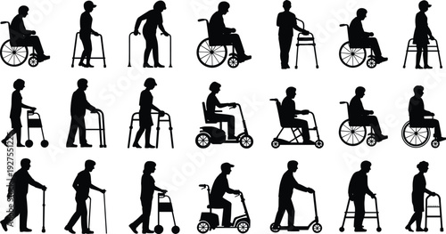 Black silhouette vector illustration collection featuring people with mobility aids including wheelchairs, walkers, canes, and mobility scooters isolated on white background for accessibility.