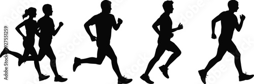 Black silhouette vector illustration collection featuring male and female joggers and runners in motion isolated on white background for fitness and health design.