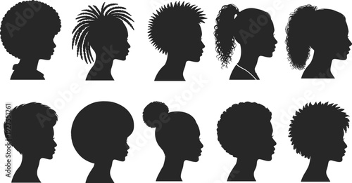 African women hairstyle silhouettes set, diverse natural hair profiles isolated on white background beauty and culture illustration collection