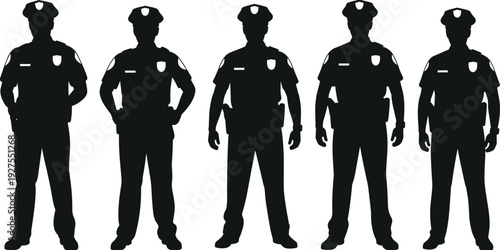 Black silhouette vector illustration collection featuring various police officers in uniform with badges and hats isolated on white background for law enforcement design.