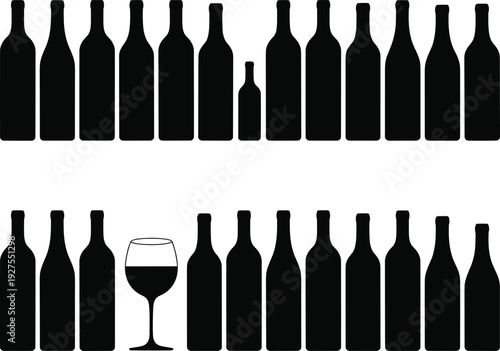 Black silhouette vector illustration collection featuring various wine bottles of different shapes and sizes with a single glass isolated on white background.