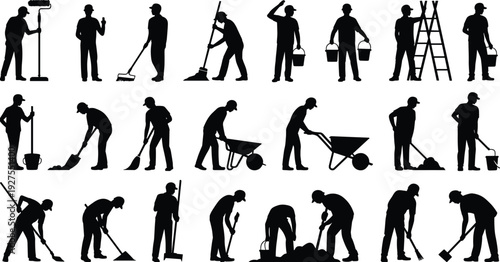 Large collection of black silhouette vector illustrations featuring manual laborers, construction workers, and cleaners with tools isolated on white background for industrial design.