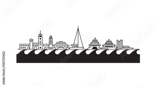 A black and white illustration of a city skyline with a wave in front, featuring various buildings and boats, creating a unique urban landscape.