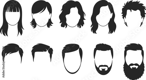 Set of black silhouette vector illustrations featuring diverse male and female hairstyles, haircuts, and facial hair beards isolated on white background for salons.
