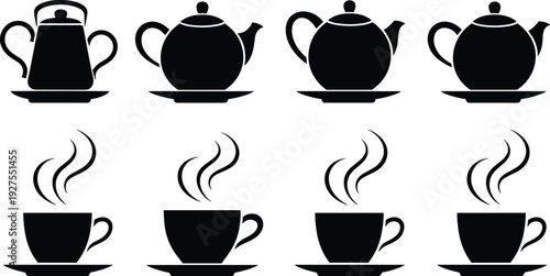 Black silhouette vector illustration collection featuring various classic teapots and steaming coffee cups on saucers isolated on white background for cafe and restaurant branding.